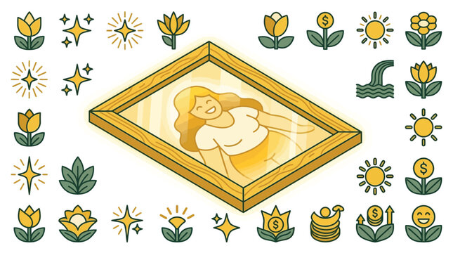 Vector illustration featuring an isometric wooden frame with a portrait of a smiling woman, surrounded by a set of minimalist icons including flowers, suns, stars, coins, and dollar signs.