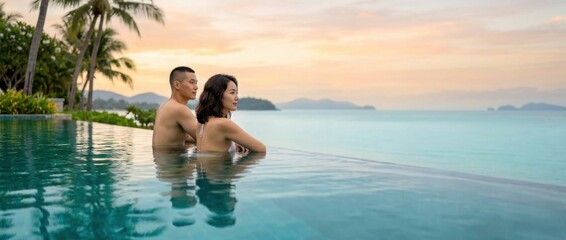 Fototapeta premium Asian couple relaxing in resort infinity pool looking at tropical ocean sunset