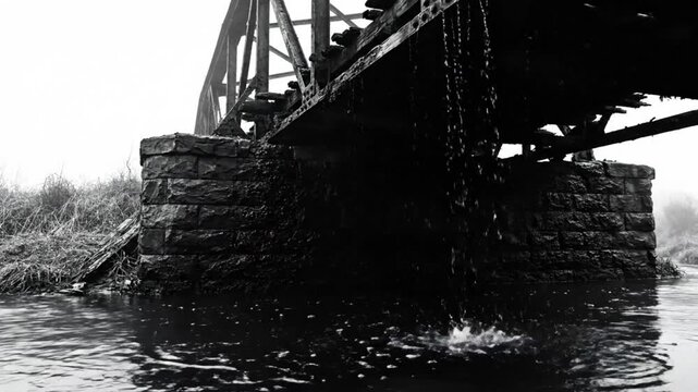 Black and white shot of water dripping from an old bridge pier creating an eerie atmosphere