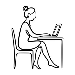 Fototapeta premium Minimalist lineart shows a woman using a laptop at a desk on white background, concept of productivity and modern work. Concept of freelancing and working from home