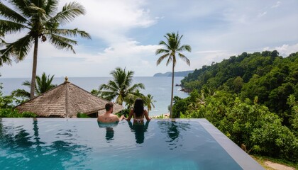Fototapeta premium Couple relaxing in resort infinity pool overlooking tropical beach ocean