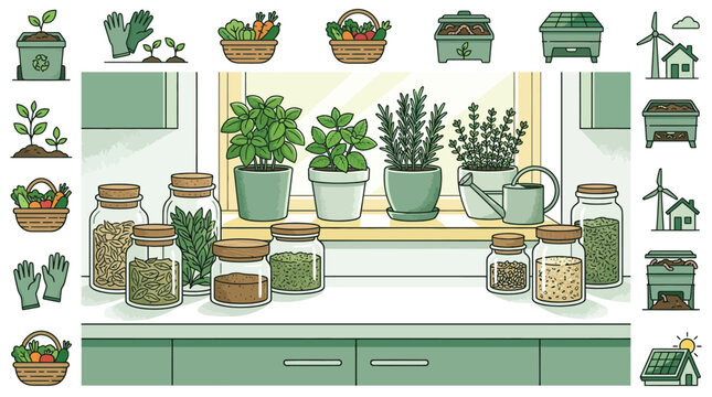 Modern minimalist flat vector illustration of an indoor kitchen herb garden on a windowsill featuring potted basil and rosemary, glass spice jars, watering can, and compost icons.