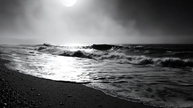 Black and White Serene Beach Scene with Dramatic Waves and Sunlit Shoreline in Moody Weather