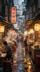 Obraz premium Bustling Asian Night Market Alley with Steaming Food Stalls and Glowing Lanterns
