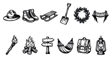 Obraz premium Collection of black and white outdoor adventure icons, including a hat, boots, sled, shovel, wreath, bridge, torch, campfire, signpost, hammock, backpack, and lantern, isolated on a clean