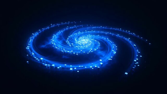 A mesmerizing digital artwork depicts a vibrant blue spiral galaxy formed from glowing cubes, set against a deep black background, evoking a sense of cosmic wonder and technological innovation.