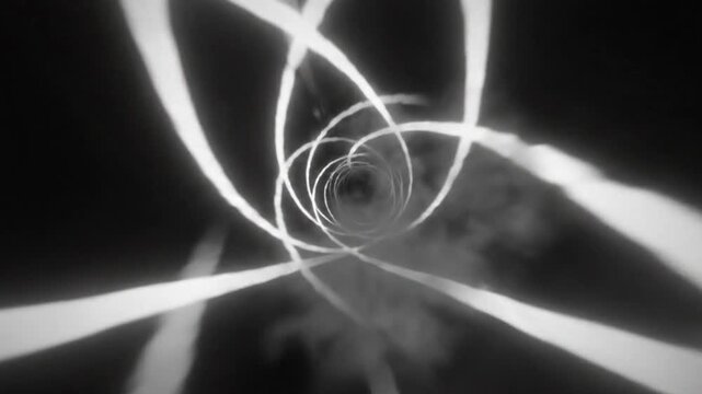Abstract tunnel with white glowing lines in a spiral motion disappearing into a dark void with smoke
