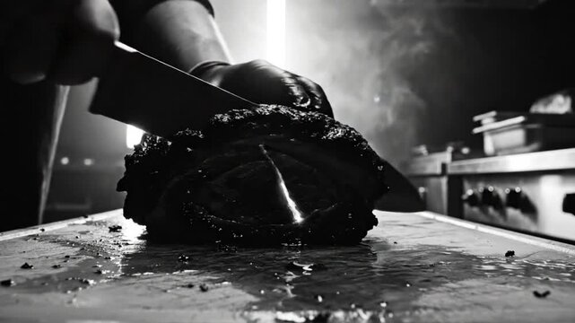 Black and white close up of a chef slicing a perfectly smoked brisket on a cutting board
