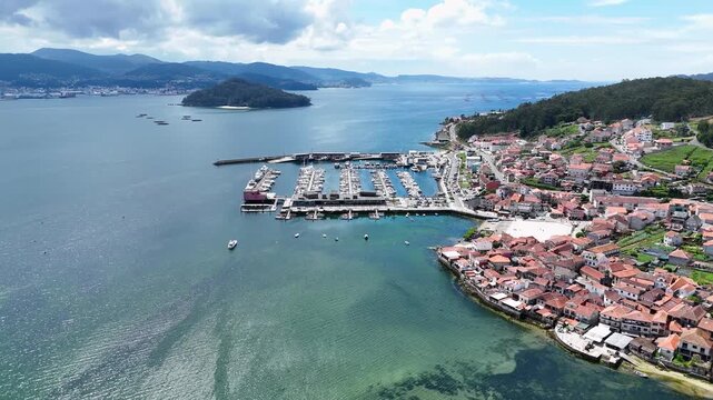 Scenic aerial view of combarro fishing village and marina in galicia