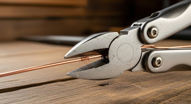 Close-up of Metal Wire Cutters Snipping a Copper Wire on a Rustic Wooden Workbench Surface