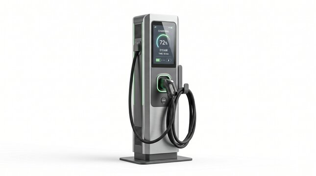 Modern electric vehicle charging station featuring a sleek metallic design with an active digital display screen showing current power levels for sustainable transportation energy supply solutions