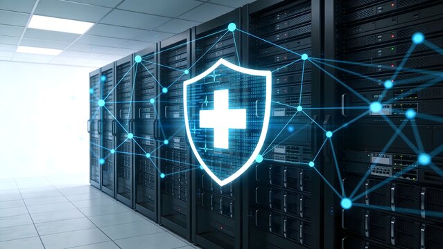 Hospital cybersecurity network with glowing medical data shield in server room