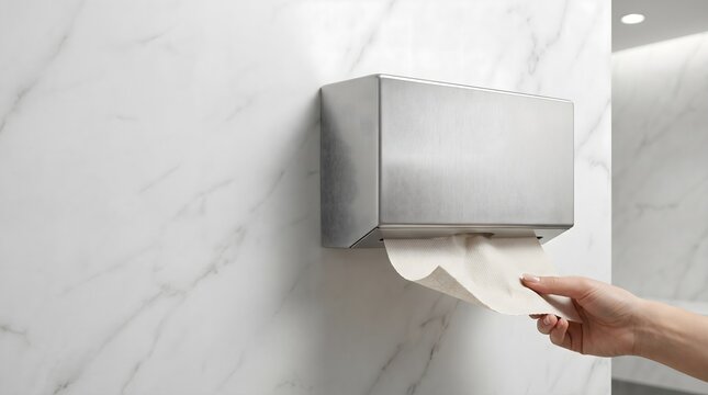 Rectangular stainless tissue dispenser with hand pulling paper against marble wall