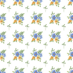 Fototapeta premium Seamless background, pattern, vintage floral texture with bouquets watercolor blue and yellow flowers. Repeat fabric wallpaper. Perfectly for wrapped paper, backdrop.