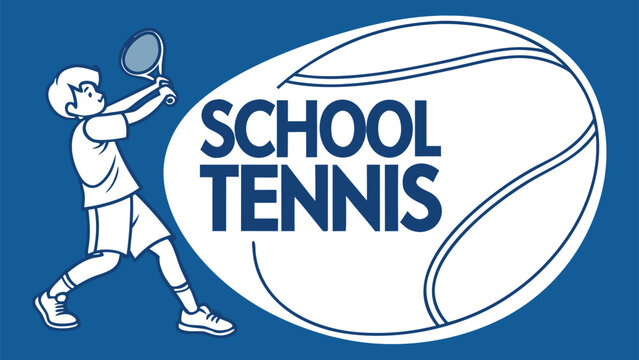 School tennis illustration, young boy playing tennis, large tennis ball with text school tennis, blue background, graphic design, educational sports concept.