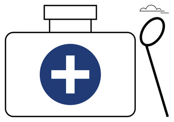 Fototapeta premium Emergency preparedness, healthcare, medical supplies, first aid, minimalist design, safety. Blue medical cross on a simple kit alongside a spoon and small cloud. Healthcare and emergency preparedness