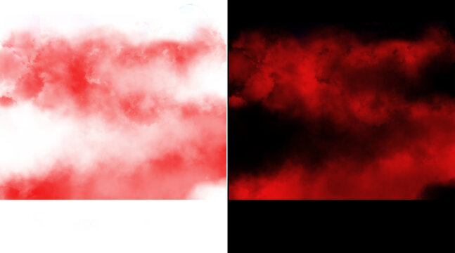 Red smoke texture overlays on black and white backgrounds, abstract crimson fog clouds, dramatic blood red mist vapor for photo editing and design