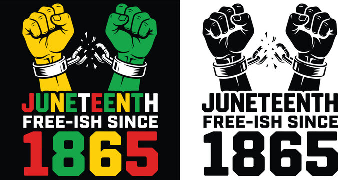 Juneteenth emancipation illustration broken chains raised fists and 'free ish since 1865' text on black and white backgrounds