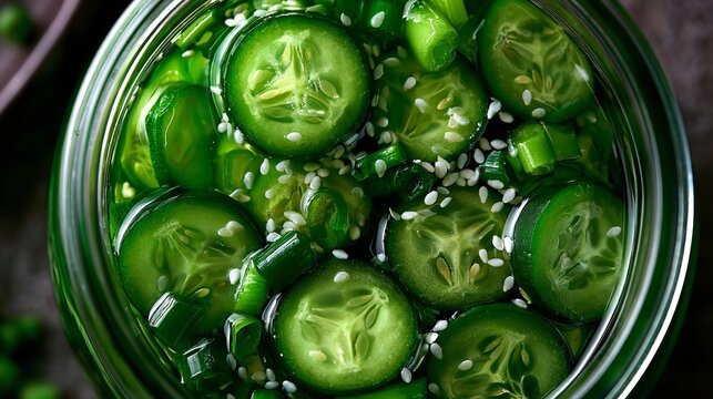 A vibrant assortment of sliced green cucumbers and fresh scallions floats in a seasoned clear brine topped with toasted sesame seeds inside a glass container
