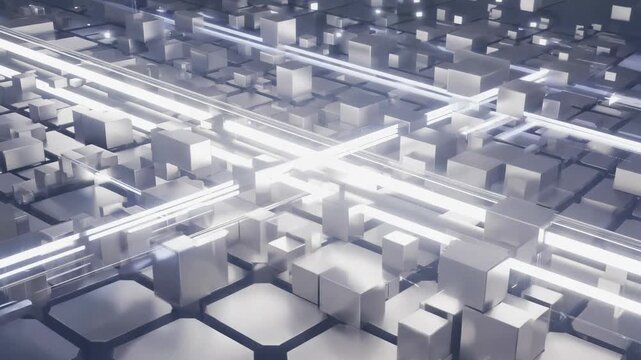 Abstract city grid with illuminated data pathways
