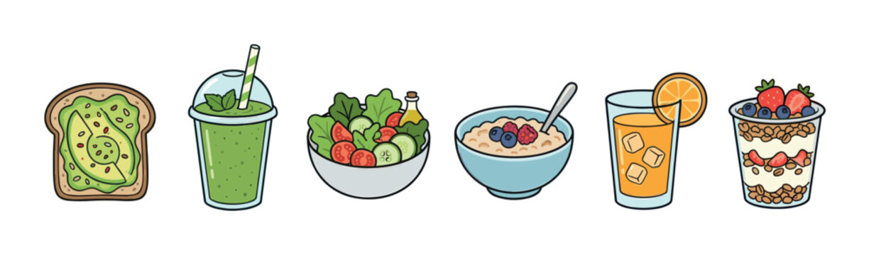Various healthy breakfast and lunch food items are neatly arranged in a row, featuring a vibrant, clean, and illustrative style on a white background