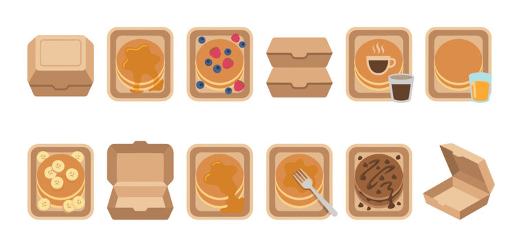 Various flat design pancake meals and empty takeout boxes are neatly arranged on a clean white background in a top-down view