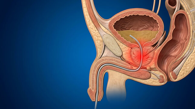 Cross section of the male reproductive system showing an inflamed prostate gland and a urinary catheter inserted into the bladder.