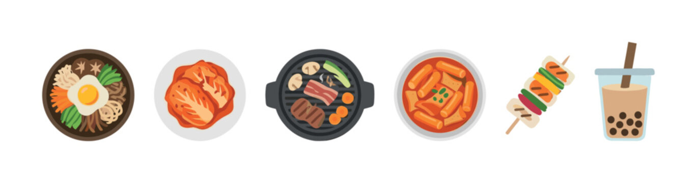 Various colorful Korean food dishes and drinks, including bibimbap, kimchi, BBQ, tteokbokki, skewer, and bubble tea, presented as flat vector illustrations on a white background
