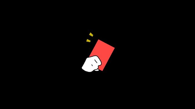 Animated red card being held up by a white gloved hand symbolizing a penalty foul or expulsion in a game with small yellow lines indicating emphasis and movement against a stark black background
