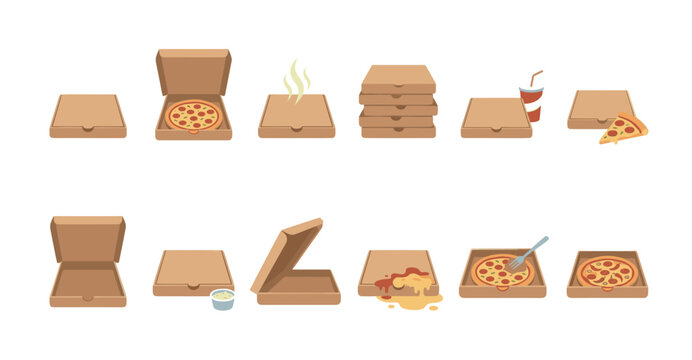 Various brown cardboard pizza boxes and delicious pizzas in different states, including whole, sliced, and eaten, on a clean white background