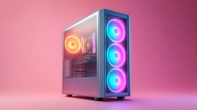 Modern computer case with RGB lighting and transparent side panel on pink background
