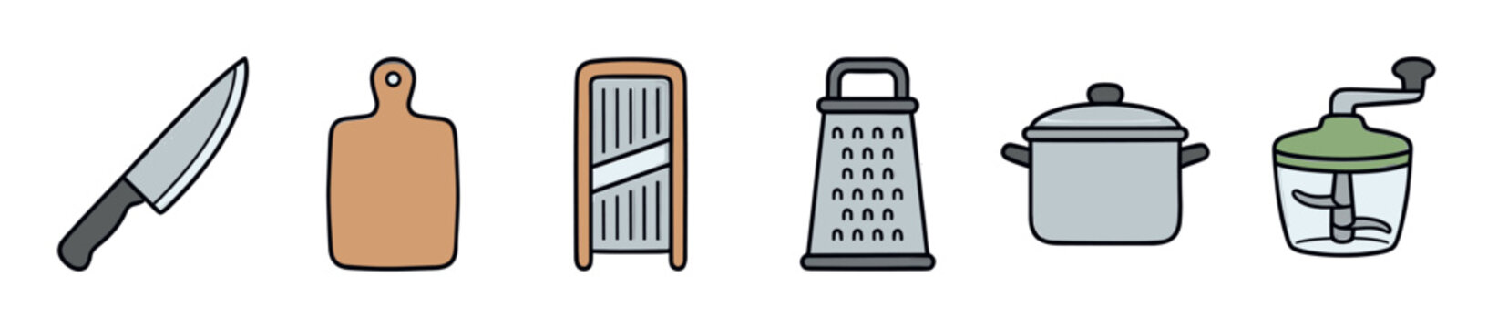 Collection of various kitchen utensils and cooking tools, including a knife, cutting board, graters, pot, and food chopper, presented as simple cartoon illustrations on a white background