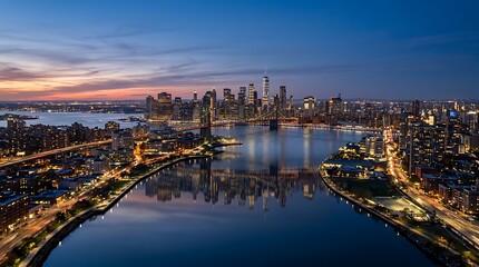 Fototapeta premium Evening city skyline reflecting on calm river surface with reflection, twilight