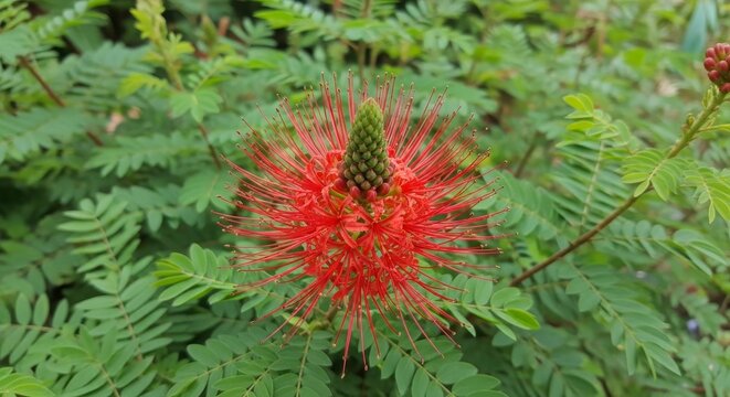 Calliandra haematocephala flower in full bloom surrounded by green foliage.