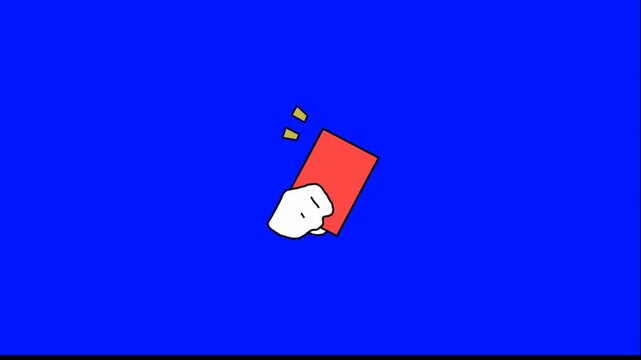 Animated hand holding up a red card symbolizing a foul or penalty in sports with a solid blue background conveying a clear message of judgment or consequence perfect for sports commentary