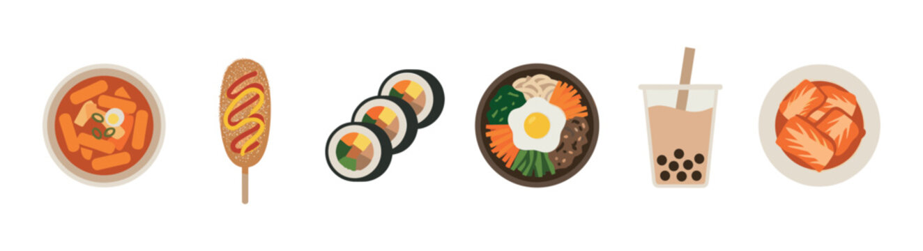Collection of six popular Korean food items and a bubble tea drink, presented as flat vector illustrations on a clean white background