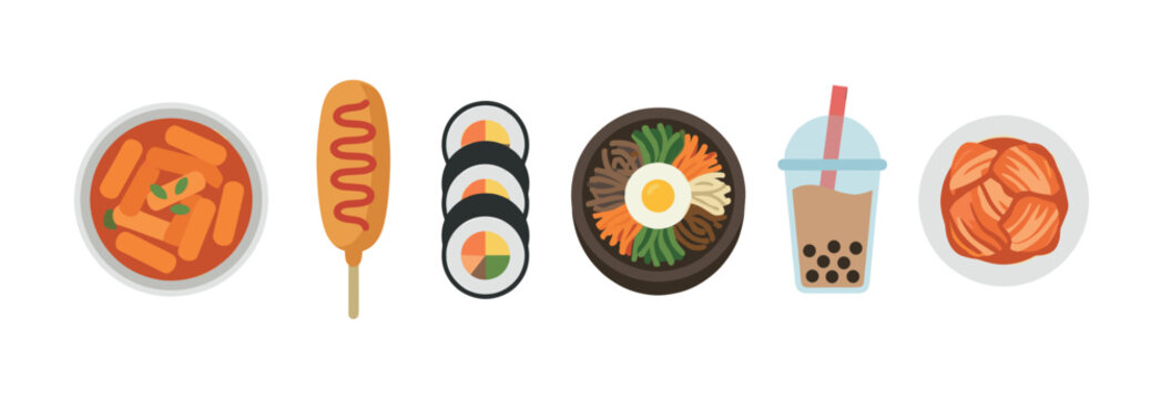 Vibrant collection of popular Korean food and drink items, including tteokbokki, corndog, gimbap, bibimbap, bubble tea, and kimchi, presented as flat illustrations on a clean white
