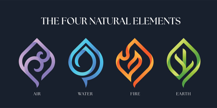 The Four nature elements - air water fire and earth with line curve and leaf shape on dark blue background vector design
