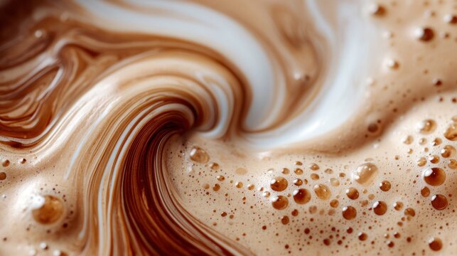 Close-up macro shot of creamy hot chocolate swirling with milk creating beautiful abstract patterns