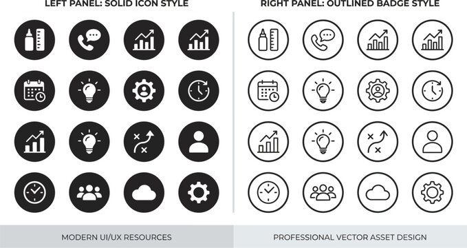 Modern UI resources present a comparative layout of solid and outlined professional vector icons for corporate asset design.