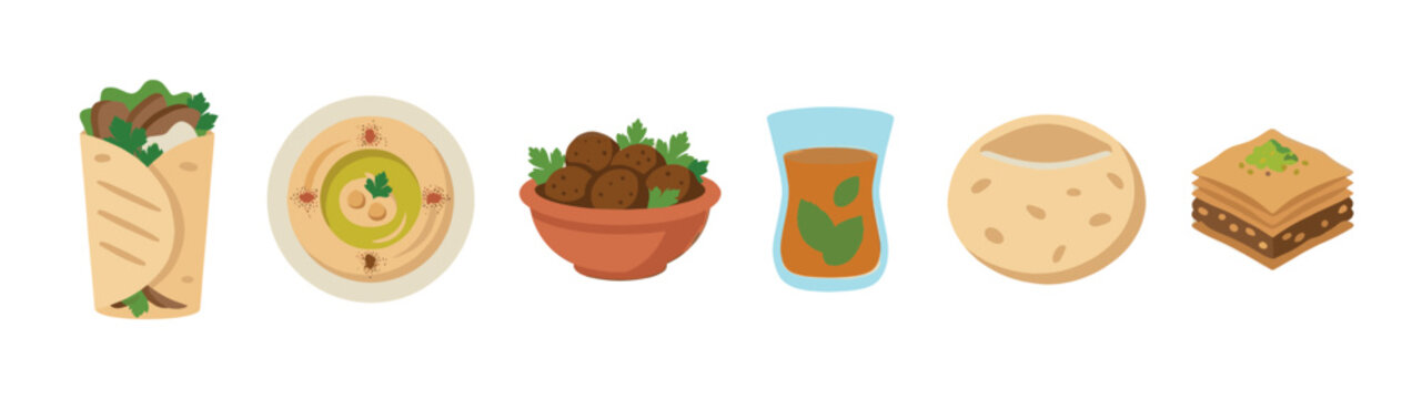 Various Middle Eastern dishes including a shawarma wrap, hummus, falafel, mint tea, pita bread, and baklava on a white background