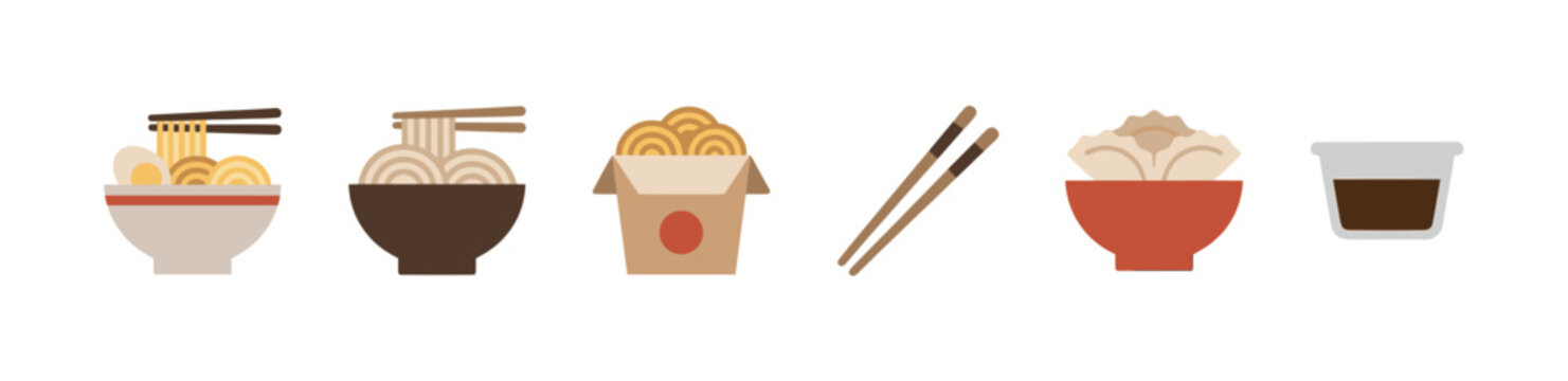 Collection of stylized Asian food icons including ramen, noodles, dumplings, and soy sauce on a clean white background