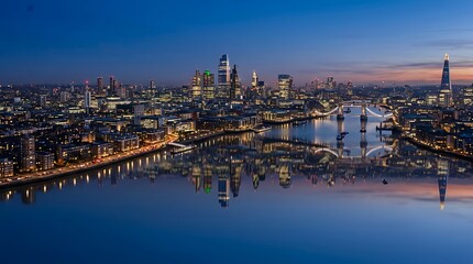 Obraz premium Aerial city skyline overlooking river at dusk with twilight, reflection