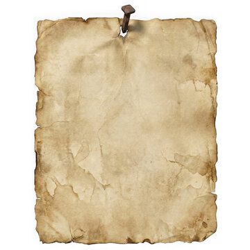 Old vintage paper sheet hanging on a rusty metal nail