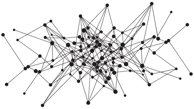 Complex data network node connection map representing digital communication infrastructure social graph and big data visualization