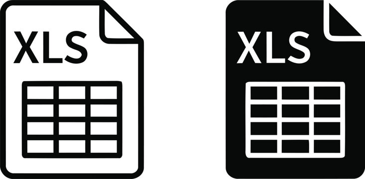 XLS file format icons, spreadsheet document vector set, black and white data table file symbols for business software and web interface design