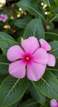 Delicate Pink Periwinkle Blossom Amidst Lush Green Foliage.