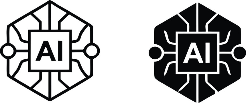 Artificial intelligence AI microchip icons, hexagonal processor circuit board symbols, black and white digital brain technology vector set