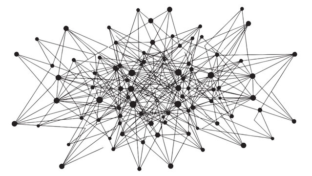 Dense data network node connection map showing complex digital communication infrastructure social graph and big data visualization