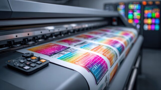 Large format printer printing color charts and calibration tests.